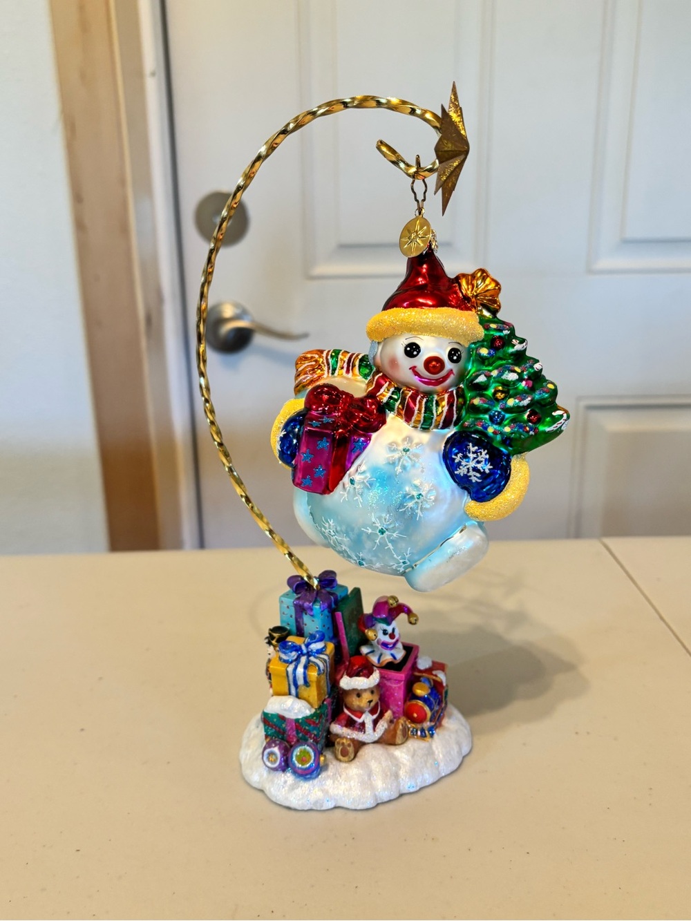 Vintage Christopher Radko Snowman Ornament with Tree and Presents Display Hanger